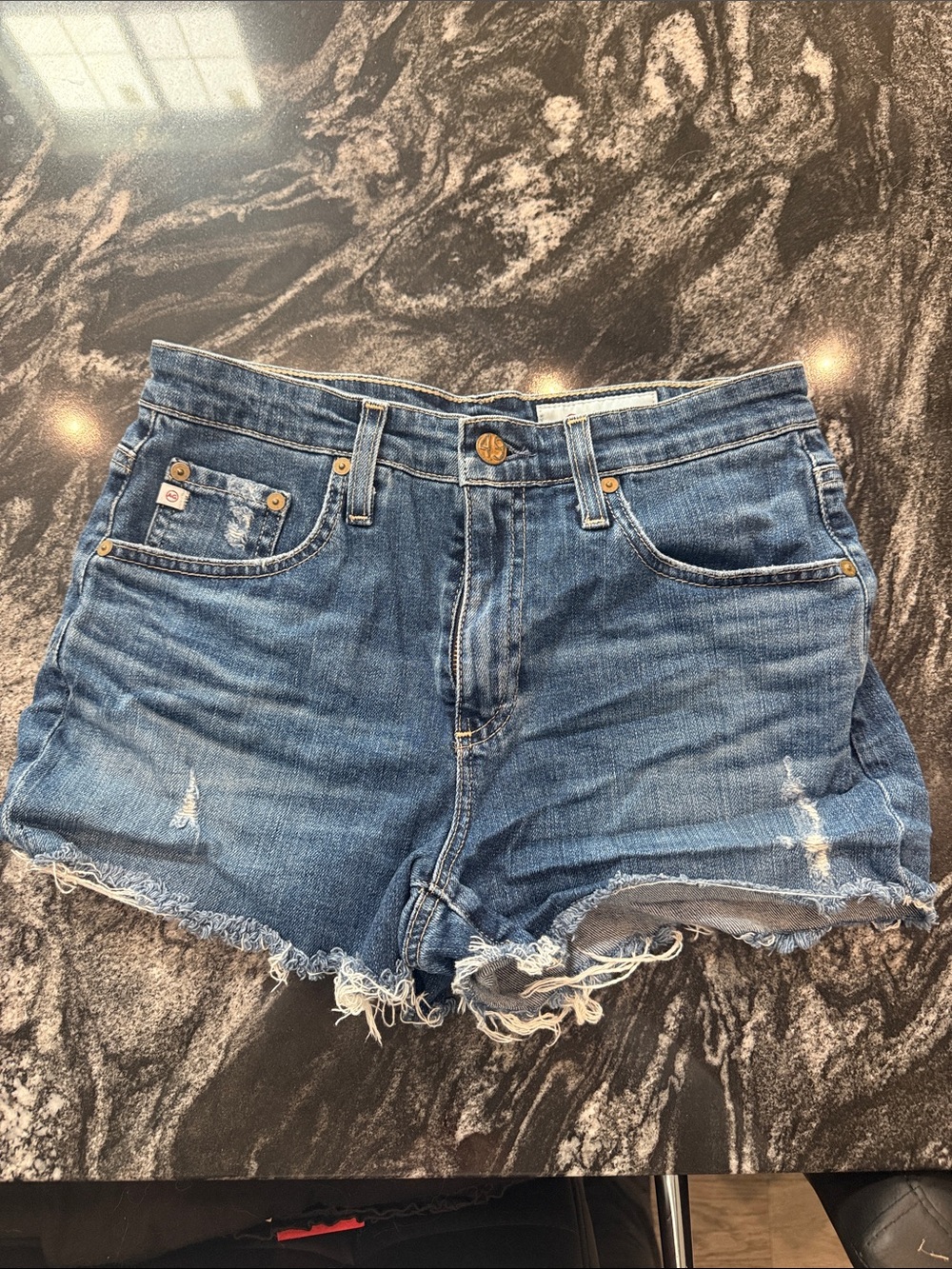 AG Adriano Goldschmied Distressed Blue Denim Cutoff Shorts